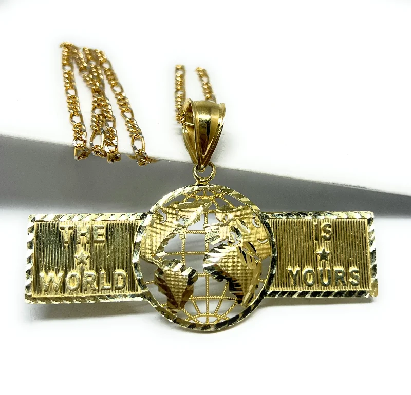 10k Solid Gold "THE WORLD IS YOURS" GLOBE WORLD Horizontal Pendant Necklace (7.3g)