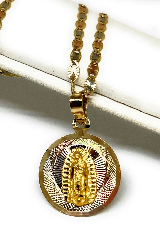 10k Solid Gold Tri-Color Virrgin Mary Pendant Necklace Virrgen Gaudalupe Valentina Chain (SM,MED) (MADE IN MX)