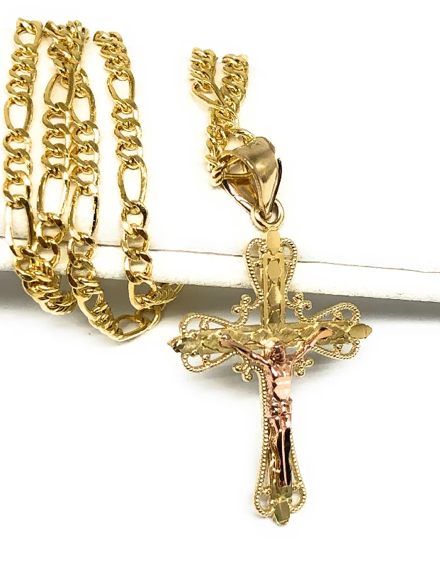 10k Solid Gold Yellow & Rose 2-Tone Jesus Cross Crucifix Pendant Necklace