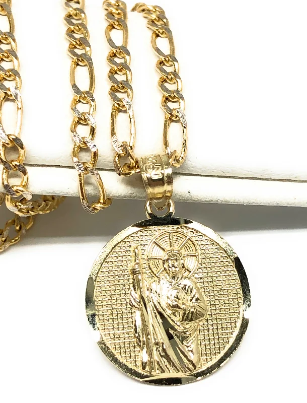 10k Solid Gold Yellow Saan Judas Saaint Jude Round Pendant Figaro Chain (SMALL)