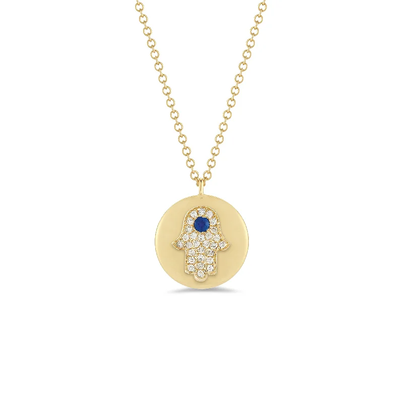 Diamond & Sapphire Hamsa Disc Pendant Necklace