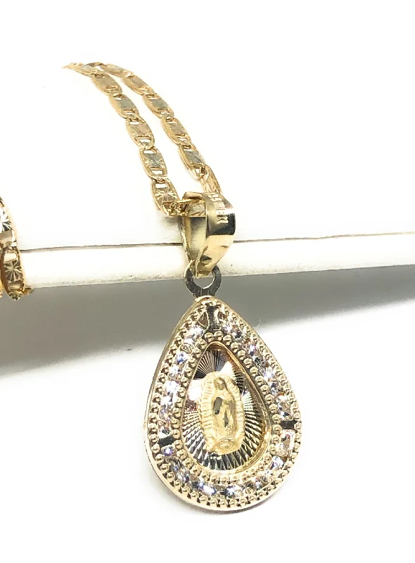 14k Solid Gold Tri-Color Virrgin Mary CZ Teardrop Pendant Necklace Virrgen Gaudalupe