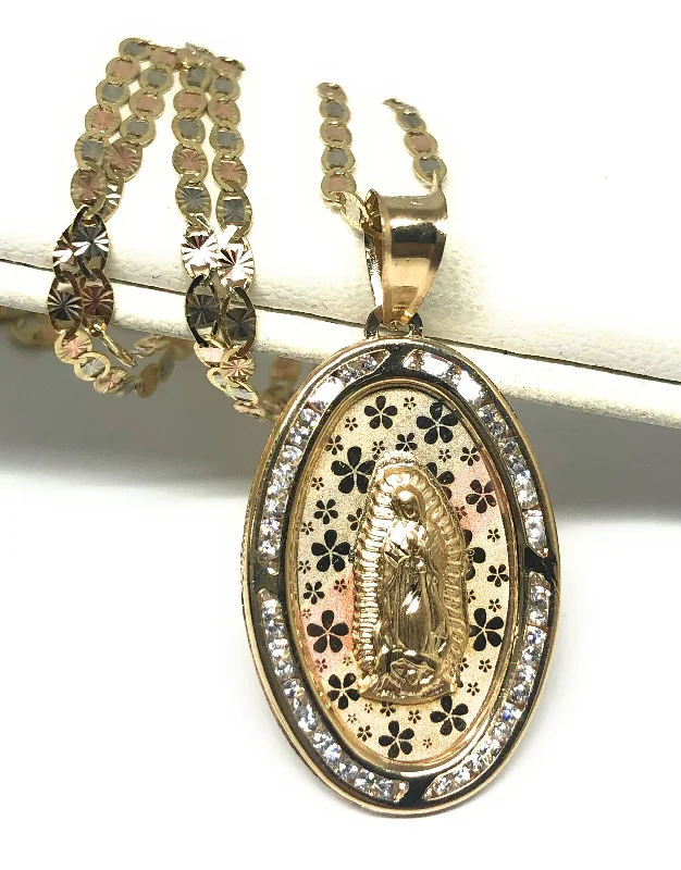 14k Solid Gold Tri-Color Virrgin Mary Oval Flower Print Pendant Necklace W/ Cubic Zirconia Virrgen Gaudalupe Valentina Chain (LG,MED)