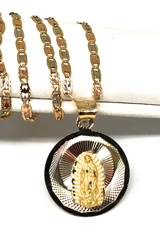 14k Solid Gold Tri-Color Virrgin Mary Round Pendant Virrgen Guadalupe Valentina Chain (SM)