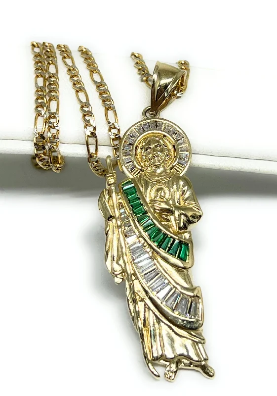 14k Solid Gold White, Green BAGUETTE CZ Saan Judas Saaint Jude Necklace Pendant (MED, LG)