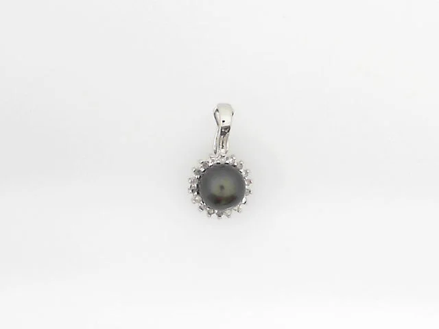 14K White Gold Black Pearl Diamond Halo Pendant