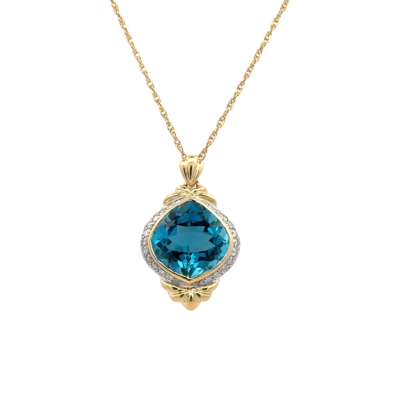 14K Yellow Gold Blue Topaz and Diamond Pendant/Necklace