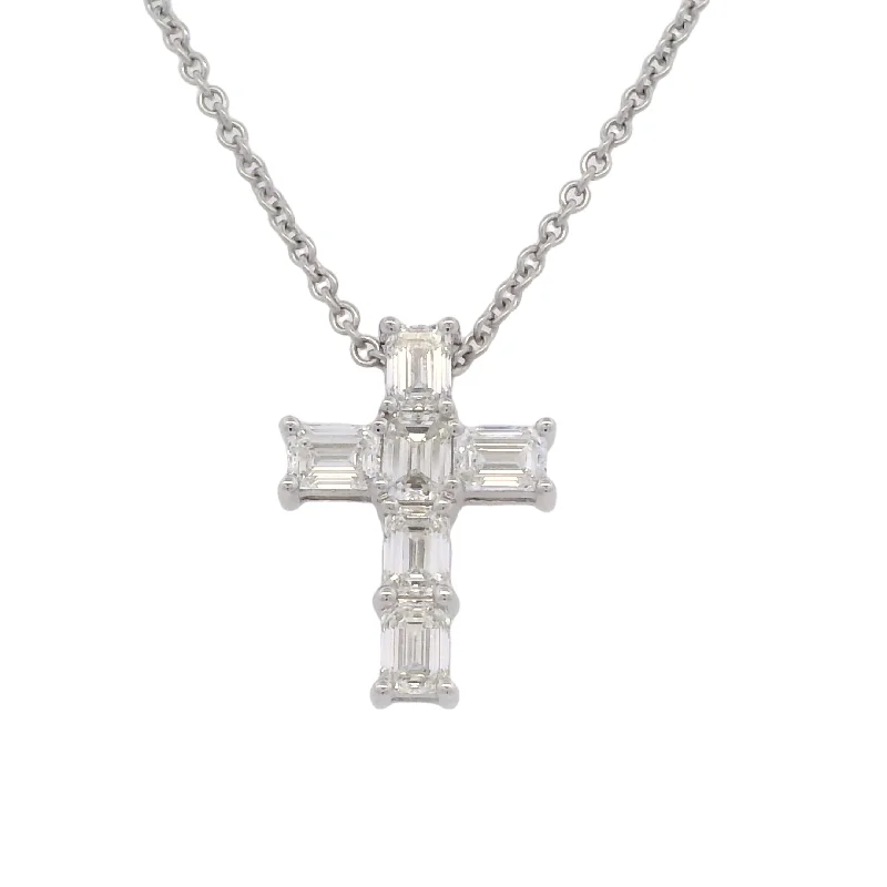 18 Karat White Gold Cross Necklace 1.90tw Emerald Diamonds