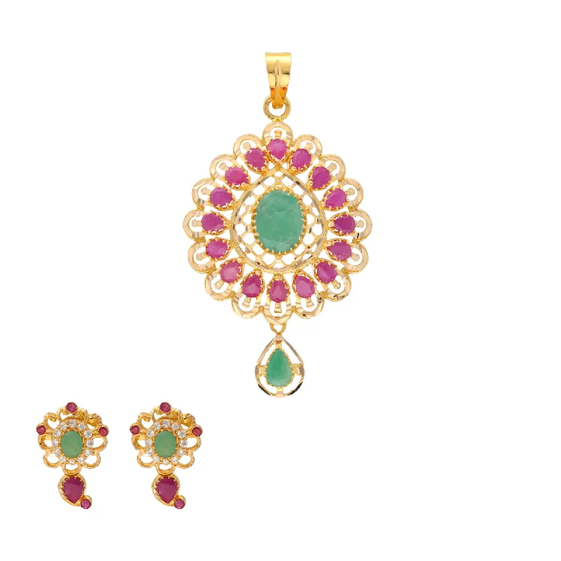 22K Yellow Gold, Emerald & Ruby Pendant Set (16.1gm)