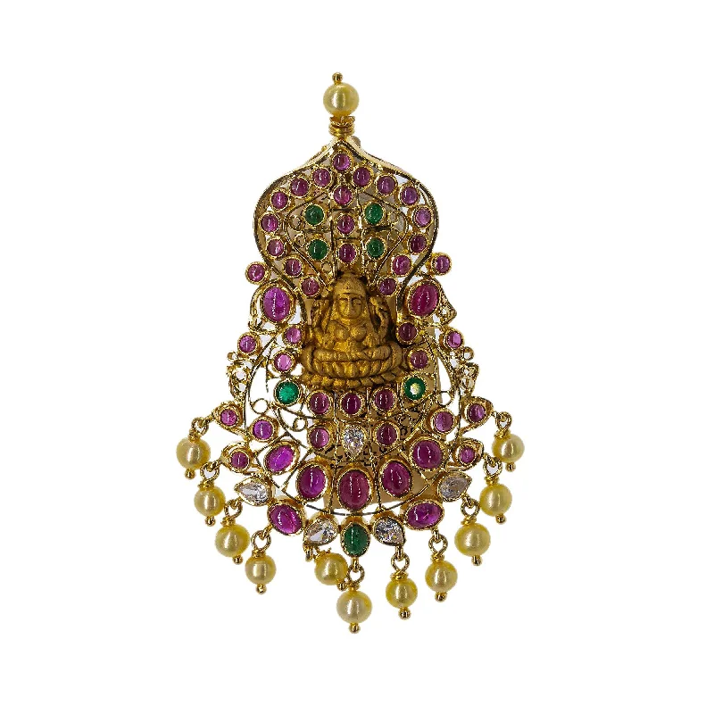 22K Yellow Gold Laxmi Pendant W/ Emeralds, Rubies, CZ Gemstones & Hanging Pearls, 22.1gm