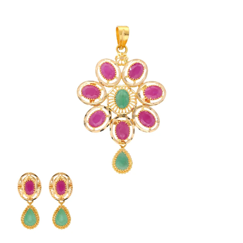 22K Yellow Gold, Ruby & Emerald Pendant Set (14.3gm)