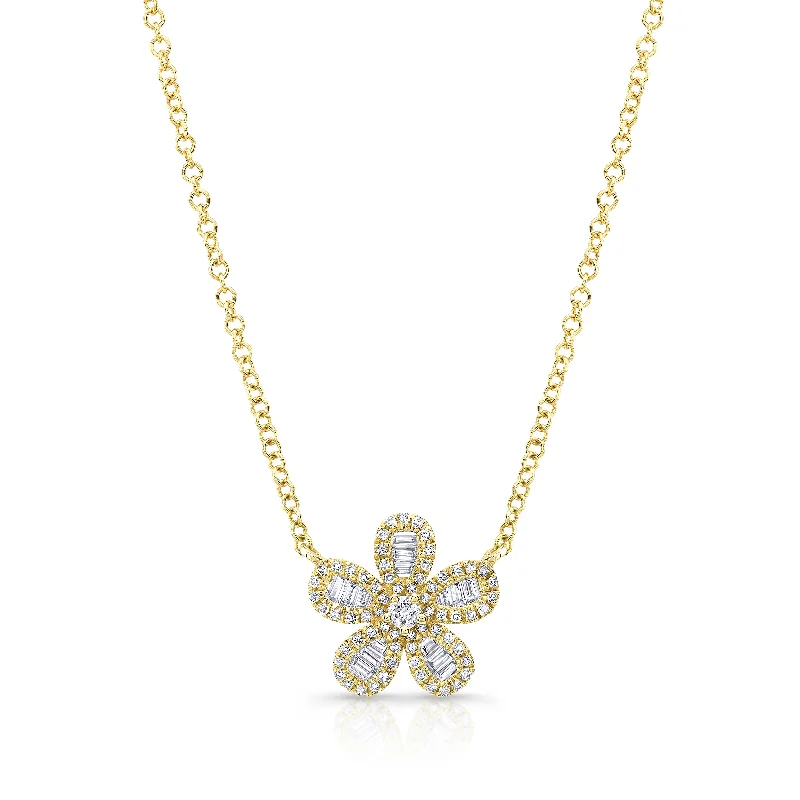 Diamond Baguette Flower Pendant Necklace