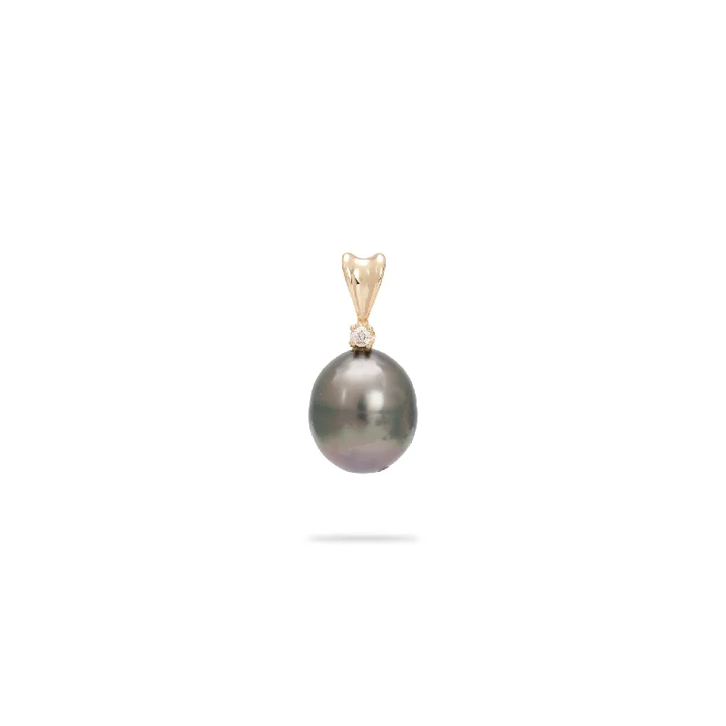 silver feather charm necklace Tahitian Black Pearl Pendant in Gold with Diamond - 8-9mm