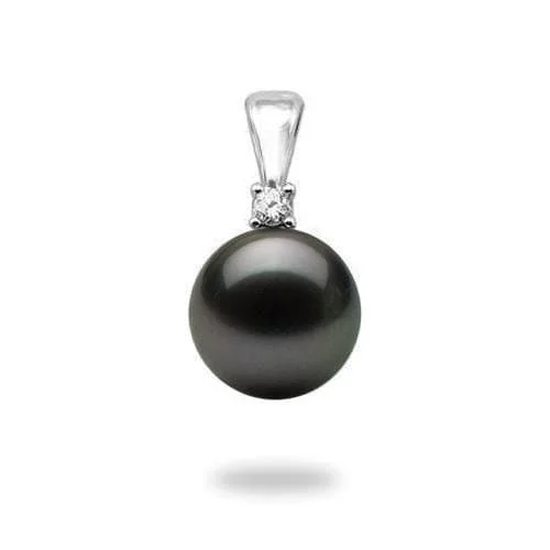 Tahitian Black Pearl Pendant in White Gold with Diamond - 10-11mm