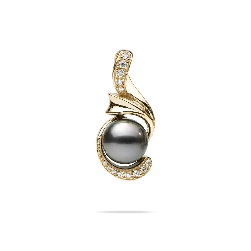 Tahitian Black Pearl Pendant in Gold with Diamonds - 14-15mm