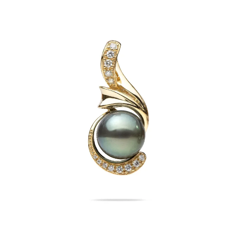 Tahitian Black Pearl Pendant in Gold with Diamonds - 14-15mm