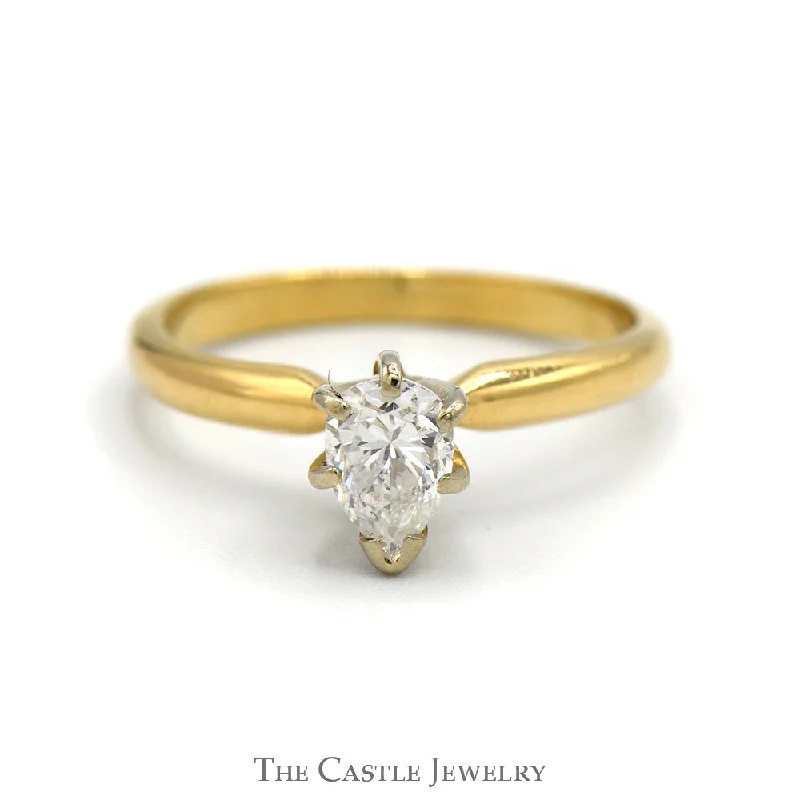 1/2ct Pear Cut Diamond Solitaire Engagement Ring in 14k Yellow Gold 6 Prong Mounting