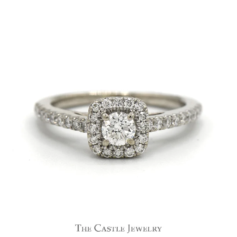 1/2cttw Round Diamond Vera Wang Designer Engagement Ring with Diamond Halo and Accented Sides in 14k White Gold