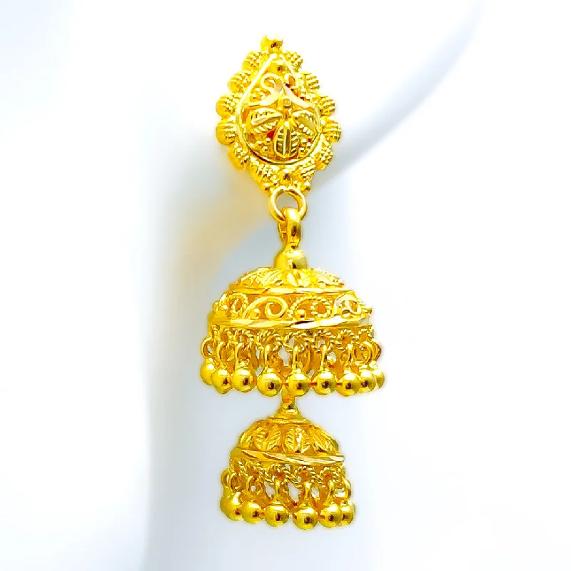 Golden Intricate Leaf Adorned 22k Gold Jhumki Earrings