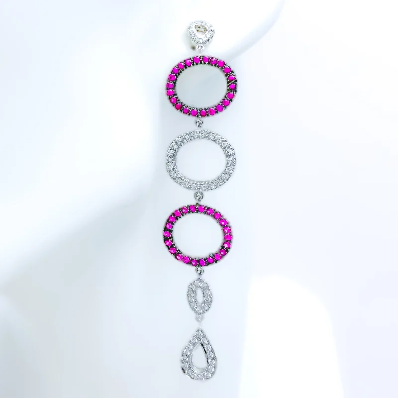 Chic Long Ruby & Diamond + 18k Gold Oval Loop Earrings