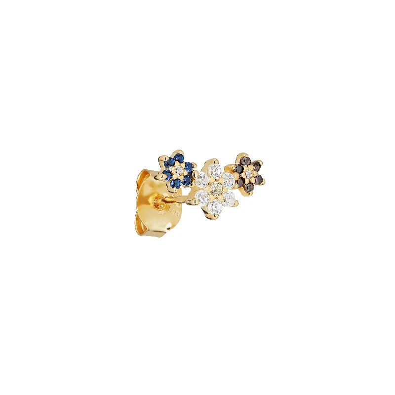 Trois Fleurs 18K Gold Plated Stud w. White, Blue & Black Zirconia