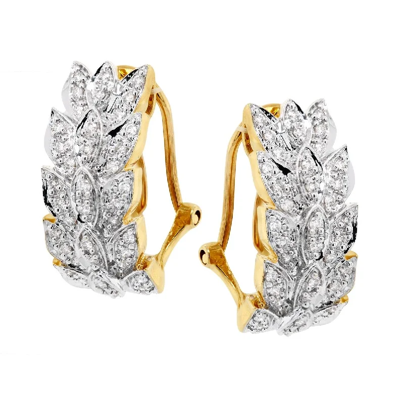 TWO-TONE GOLD DIAMOND HOOP EARRINGS WITH LEAF DESIGN, 1/2 CT TW