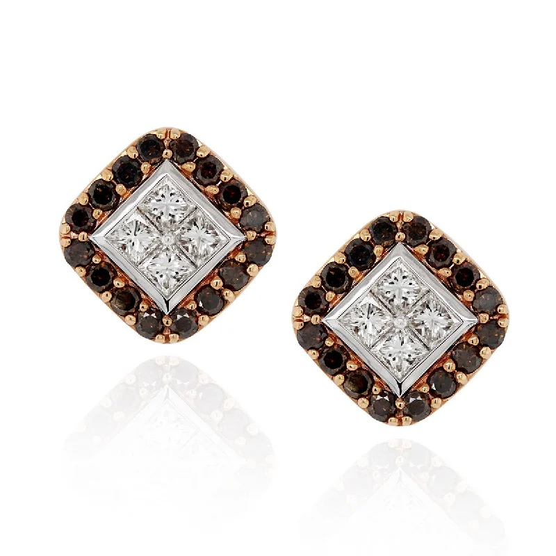 TWO-TONE GOLD STUD EARRINGS WITH 40 WHITE AND BROWN DIAMONDS, 2.25 CT TW