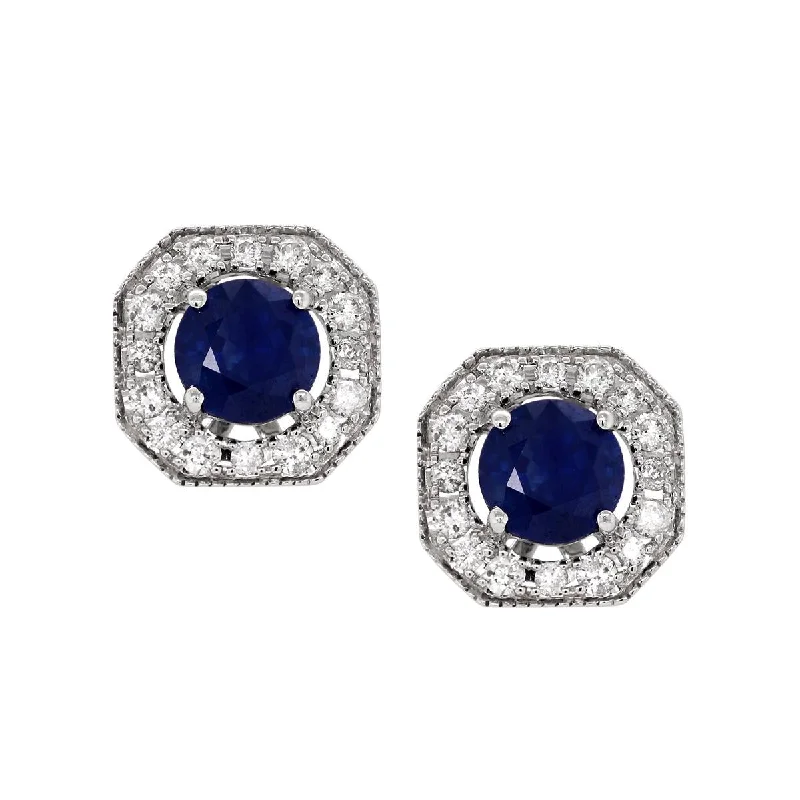 WHITE GOLD SAPPHIRE STUD EARRINGS WITH DIAMOND HALOS, .27 CT TW