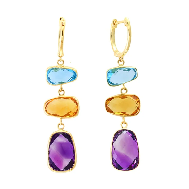 YELLOW GOLD DANGLE EARRINGS WITH 6 MULTICOLORED GEMSTONES