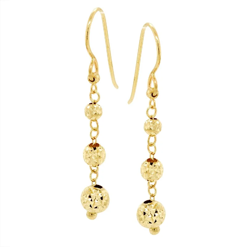 YELLOW GOLD DIAMOND CUT GRADUATED BALL DANGLE EARRINGS