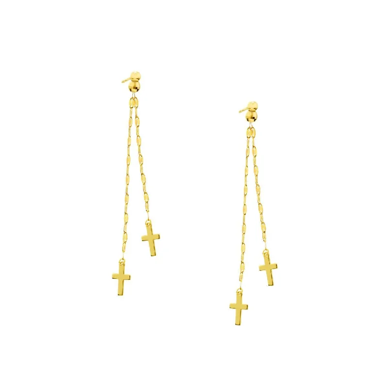 YELLOW GOLD DOUBLE CROSS DANGLE EARRINGS