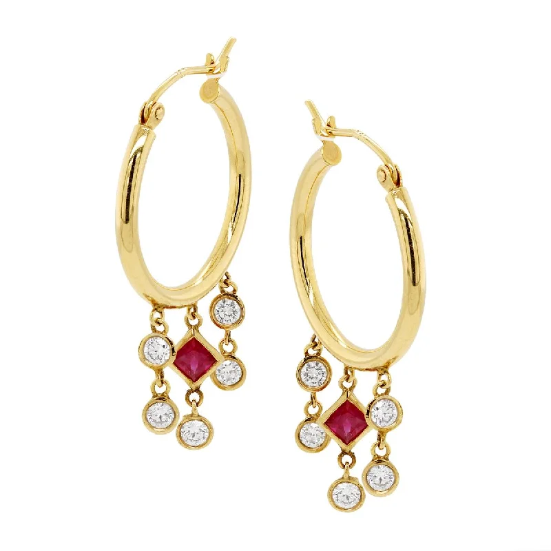 YELLOW GOLD HOOP EARRINGS WITH SQUARE RUBIES AND ROUND DIAMONDS, .57 CT TW