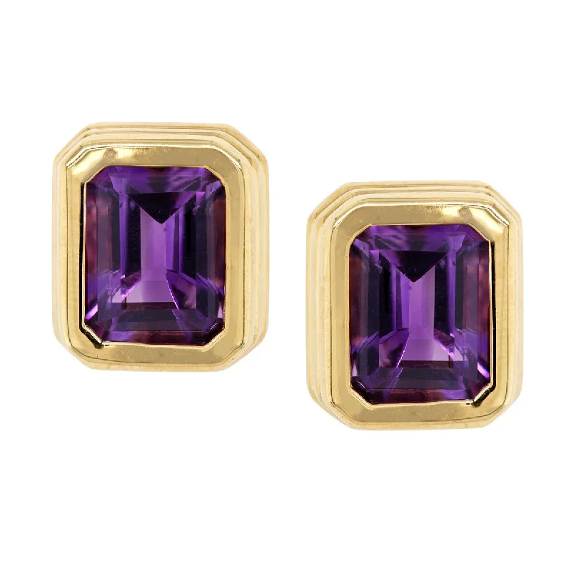 YELLOW GOLD STUD EARRINGS WITH EMERALD CUT AMETHYSTS