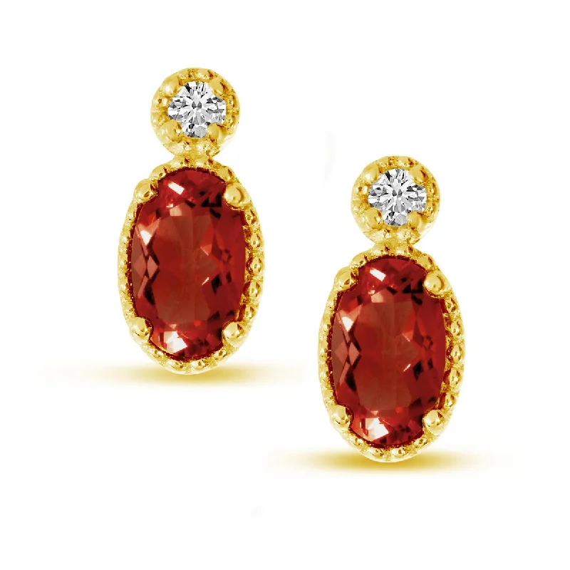 YELLOW GOLD STUD EARRINGS WITH OVAL GARNETS AND ROUND DIAMONDS, .03 CT TW