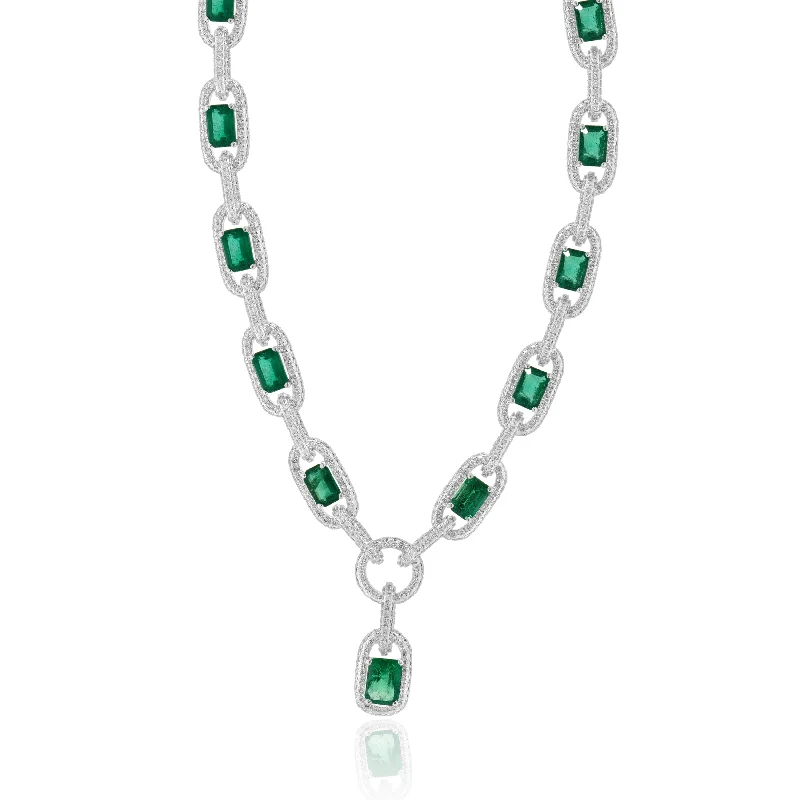 14 Karat White Gold Emerald and Diamond Oval Link Necklace