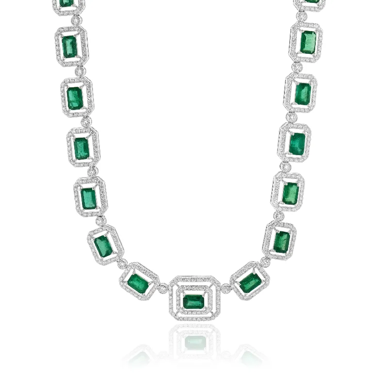 14 Karat White Gold Emerald and Diamond Square Link Necklace