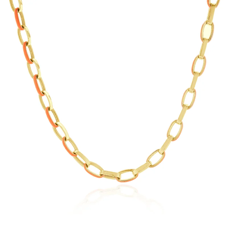 14 Karat Yellow Gold and Orange Enamel Oval Link Chain Necklace