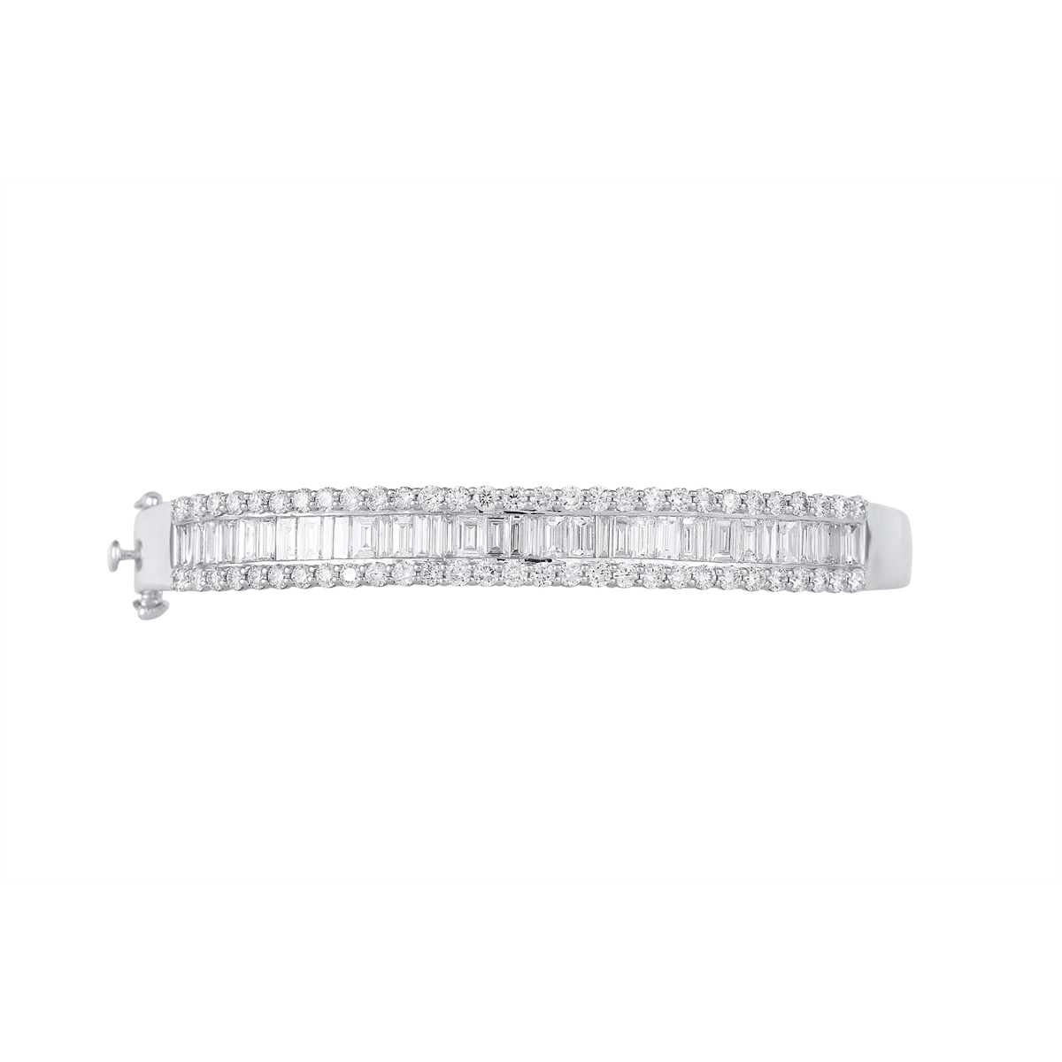 14K White Gold Baguette and Round Diamond Clasped Bangle