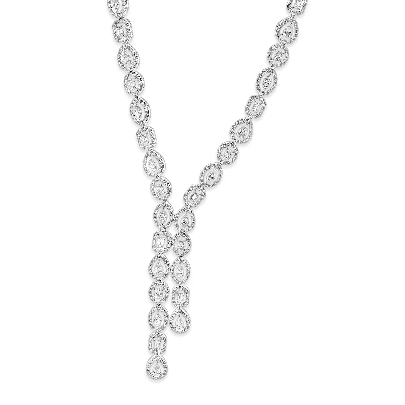 14k White Gold Multi-Shaped Halo Diamond Lariat Necklace