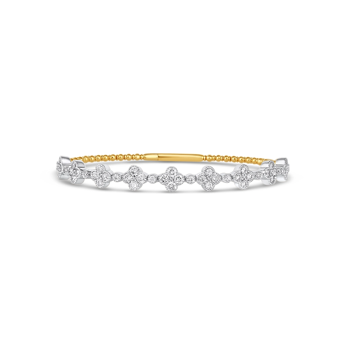 14K Yellow Gold Clasped Bangle with White Gold Quad Diamond Sections