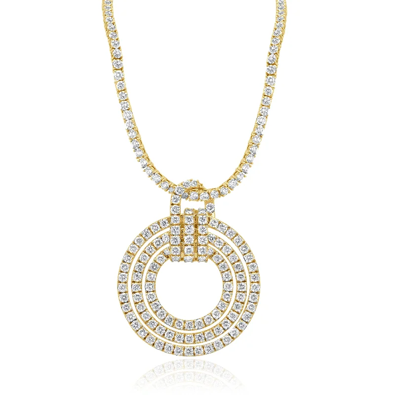 14k Yellow Gold Double Row Diamond Tennis Necklace With Circle Diamond Pendant