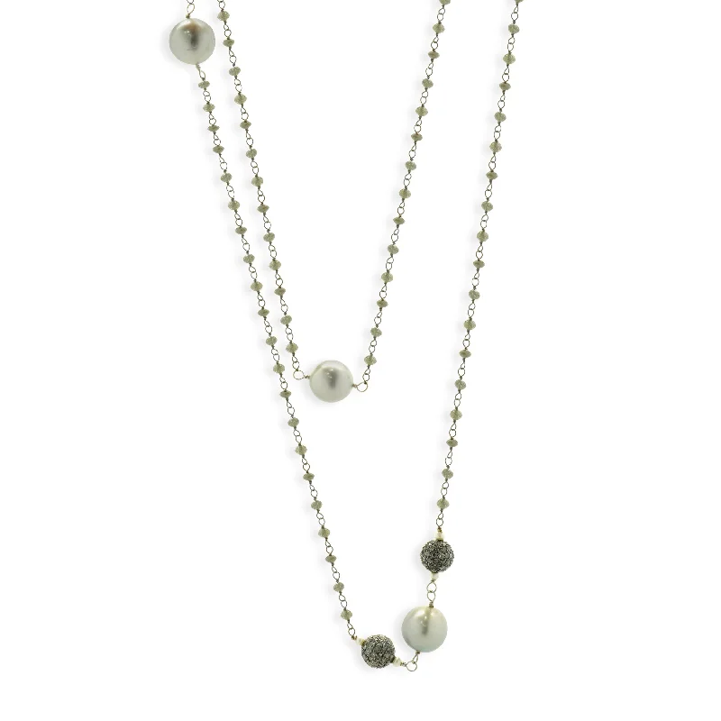 18 Karat White Gold Briolette Cut Diamonds, Black Diamonds, and Tahitian Pearl Station Necklace