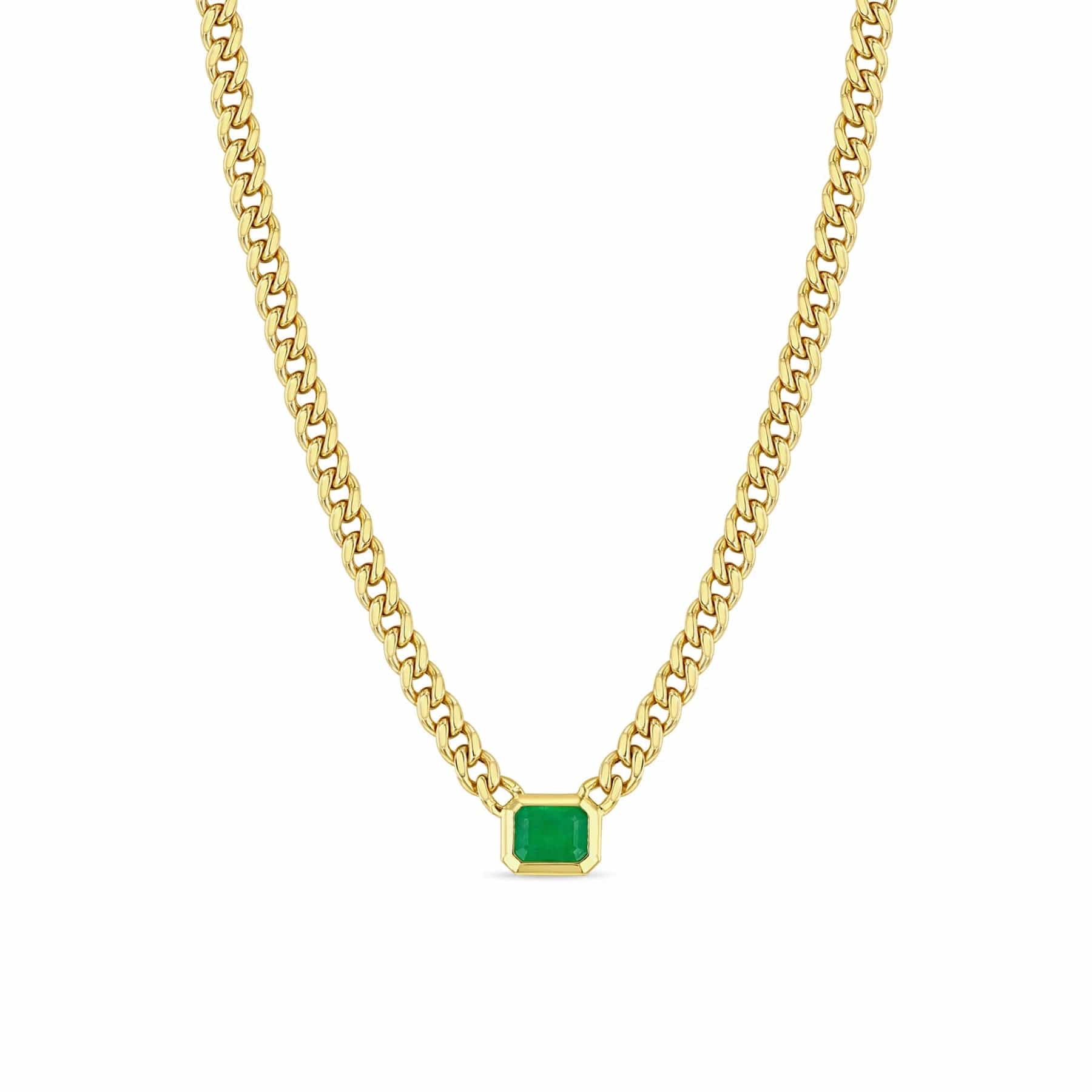 hammered gold signet ring 14k Medium Curb Chain Emerald Cut Emerald Bezel Necklace
