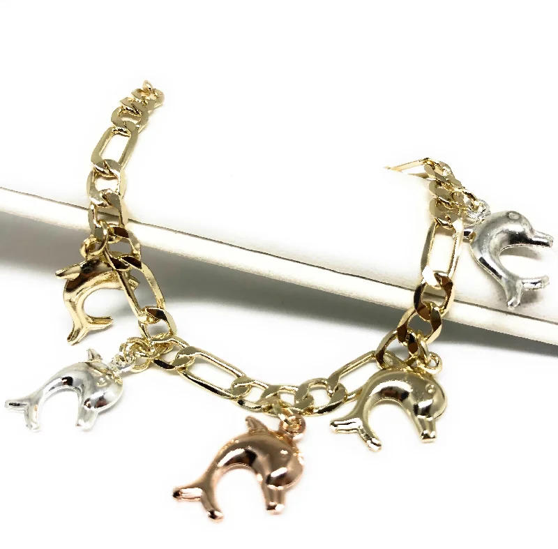 Gold Plated Tri-Color Dolphin Charm Bracelet 8”