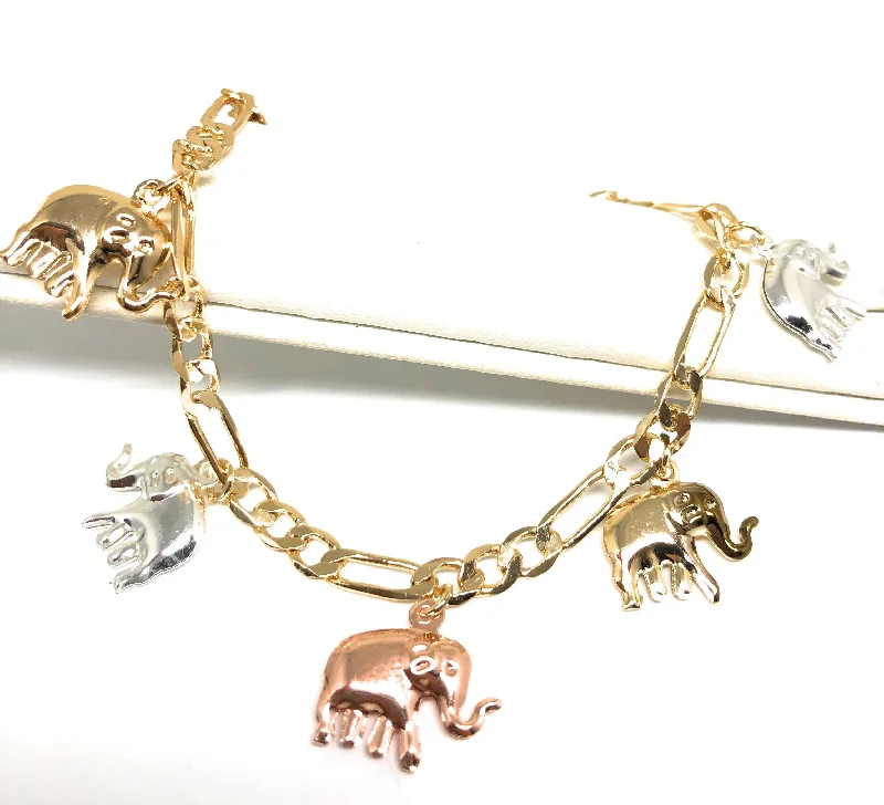 Gold Plated Tri-Color Elephant Charm Bracelet 8”