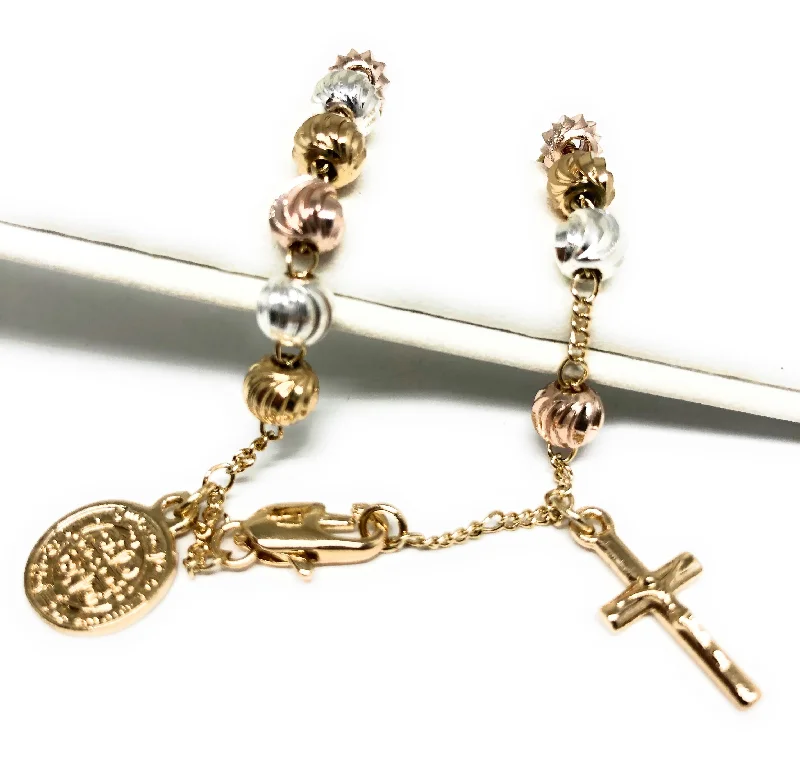 Gold Plated Tri-Color Saint Benedict Bracelet San Benito Pulsera Tres Colores 8”