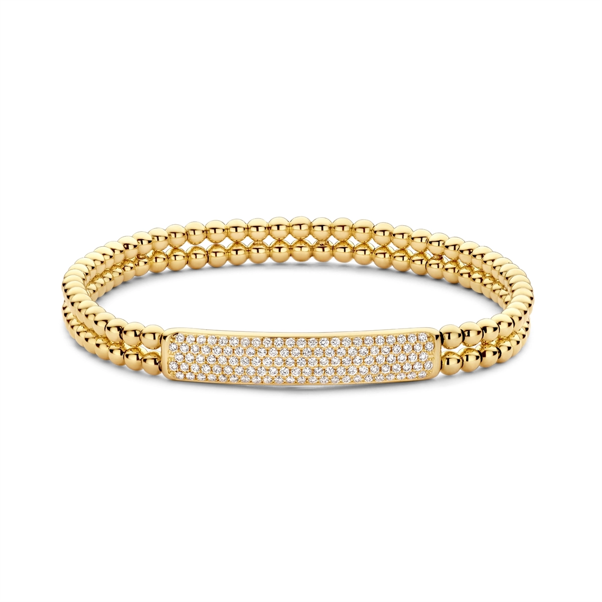 Hulchi Belluni 18K Yellow Gold Double Row Beaded Stretch Bracelet with Wide Diamond Bar