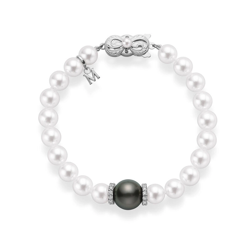 Mikimoto 18K White Gold Cultured Pearl and Diamond Bracelet