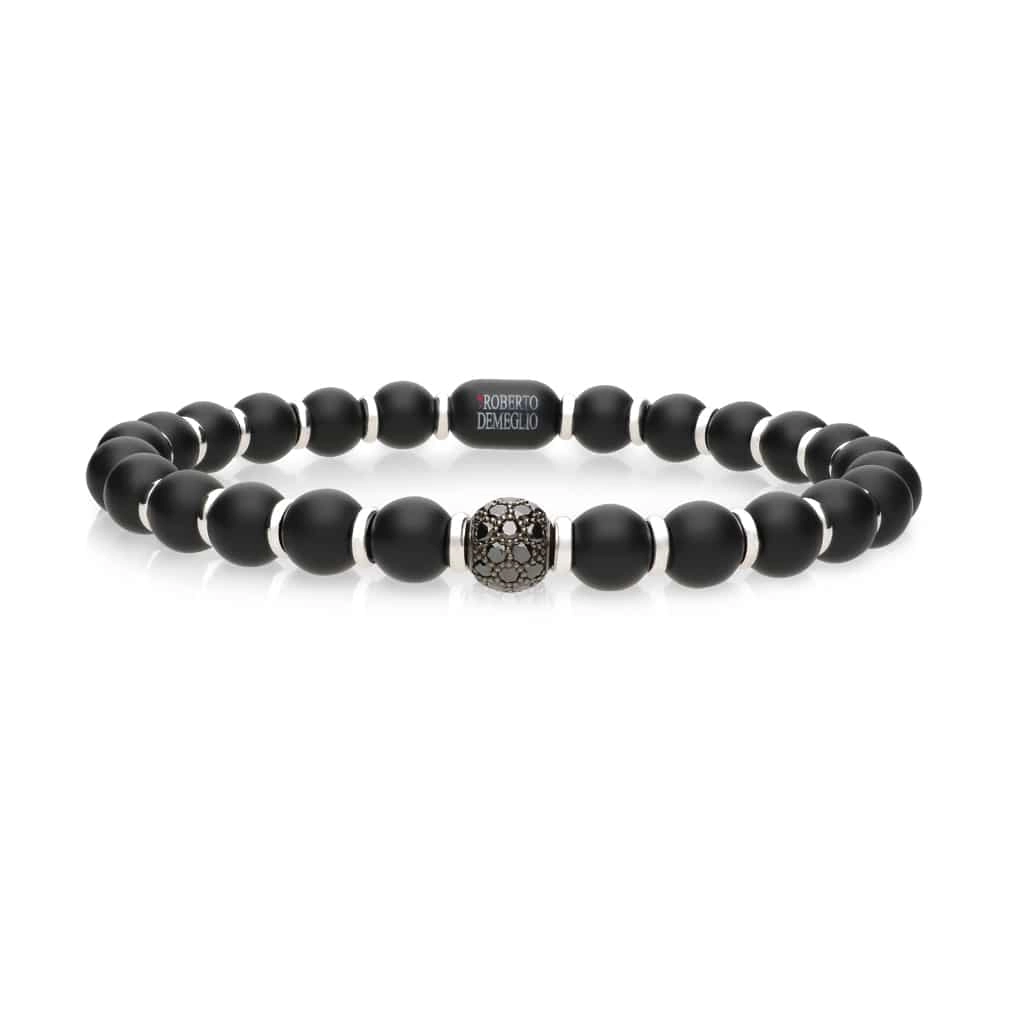 Roberto Demeglio Matte Black Ceramic Large Bead Stretch Bracelet with Black Diamond Rodell