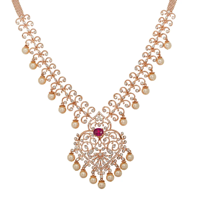 small diamond cross pendant 18K Rose Gold Necklace w/ 2.70ct Diamonds, Ruby, & Pearls (49.6gm)